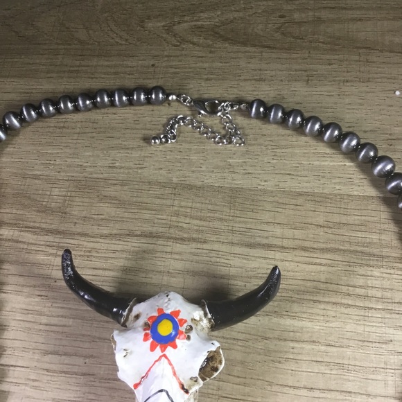 Turquoise and Silver Beaded Necklace With Large Squash Blossom Pendant - Picture 3 of 7